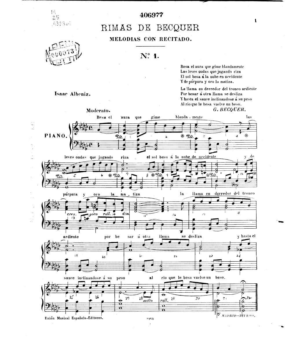 Primera página de Rimas de Bécquer, melodías con recitado, N.º 1, de Isaac Albéniz